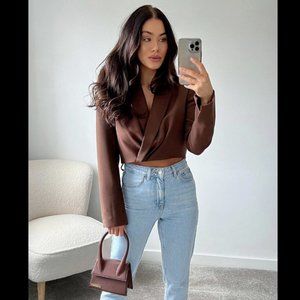 WOMEN NEW ZARA CROPPED SHOULDER PAD BLAZER SHORT JACKET TOBACCO BROWN 4786/349